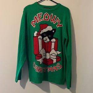 Green “Meowy Christmas” Cat Holiday Sweater